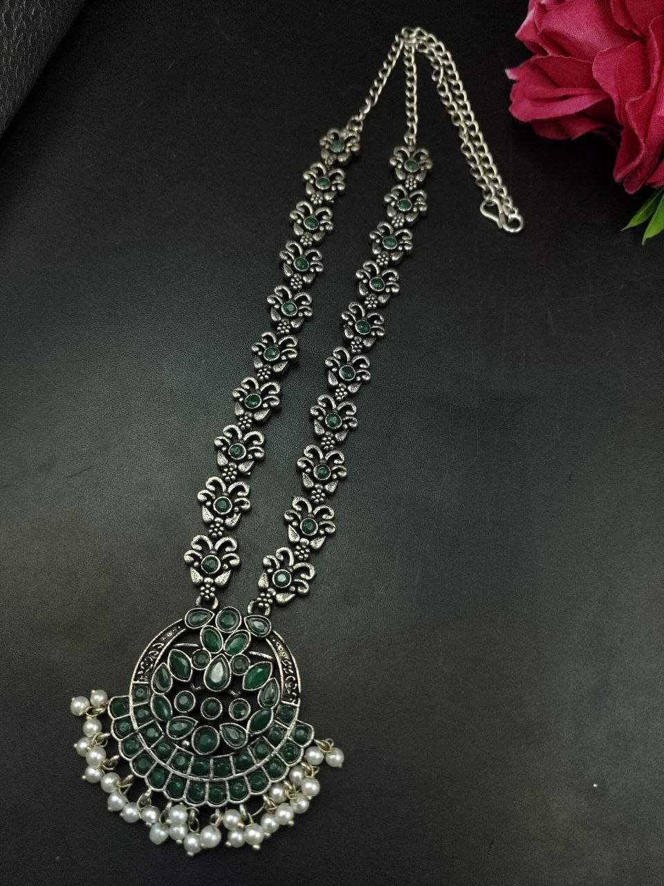 Silver Replica Oxidized Necklace | Elegant Stone & Pearl Work Perfect Look Jewelry - Image 6