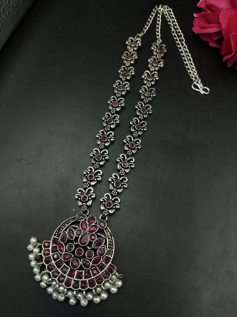 Silver Replica Oxidized Necklace | Elegant Stone & Pearl Work Perfect Look Jewelry - Image 4