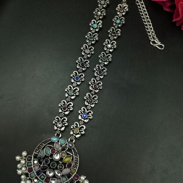 Silver Replica Oxidized Necklace | Elegant Stone & Pearl Work Perfect Look Jewelry - "Multi"
