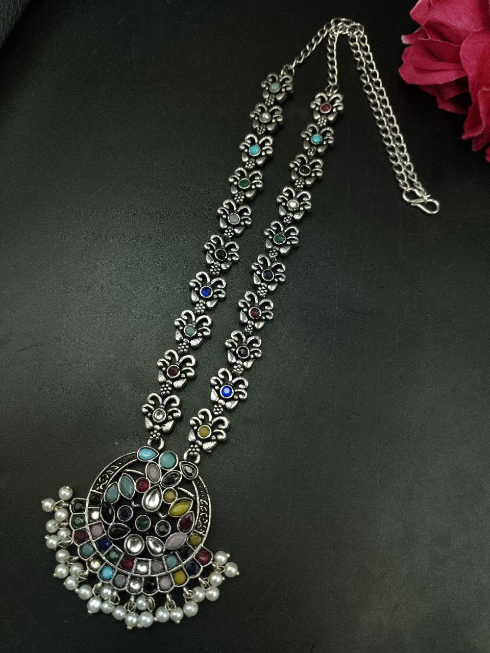 Silver Replica Oxidized Necklace | Elegant Stone & Pearl Work Perfect Look Jewelry - Image 3