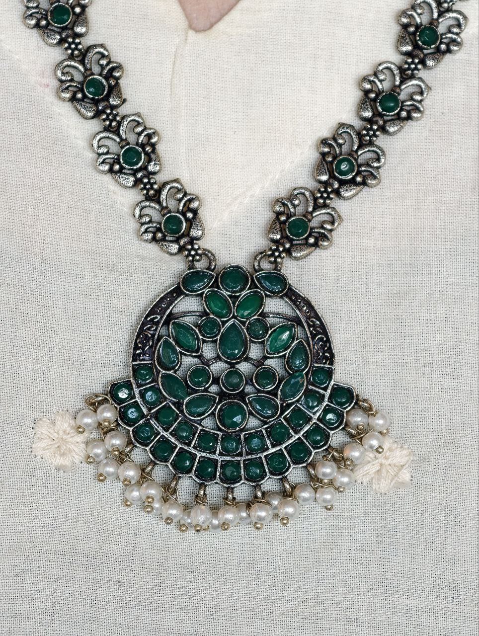 Silver Replica Oxidized Necklace | Elegant Stone & Pearl Work Perfect Look Jewelry - Image 2