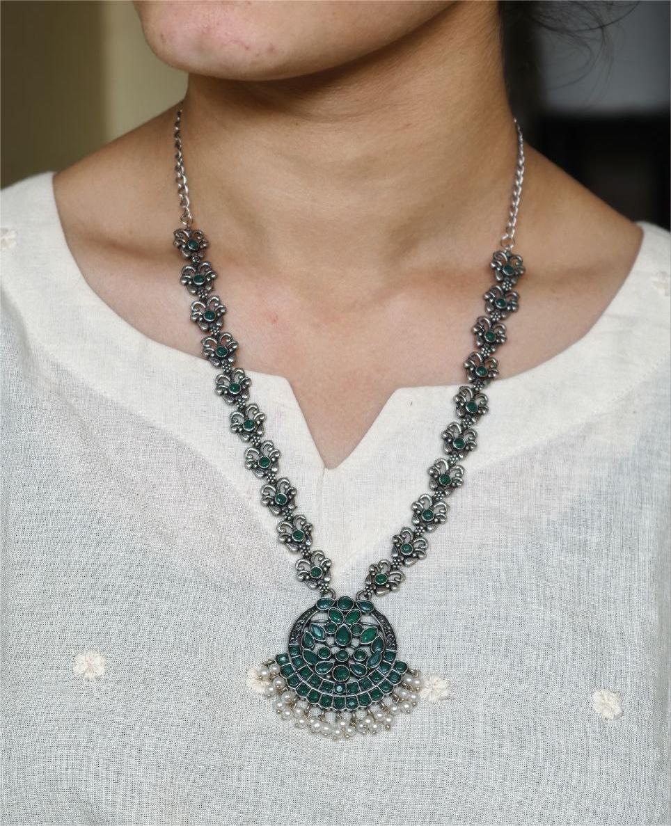 Silver Replica Oxidized Necklace | Elegant Stone & Pearl Work Perfect Look Jewelry