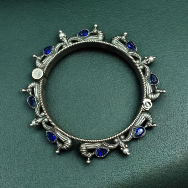 Oxidized Silver Replica Peacock Design Bangle | Stone & Pearl Work Beautiful Openable Kada - "Blue"