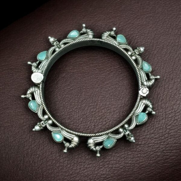 Oxidized Silver Replica Peacock Design Bangle | Stone & Pearl Work Beautiful Openable Kada - "Mint"