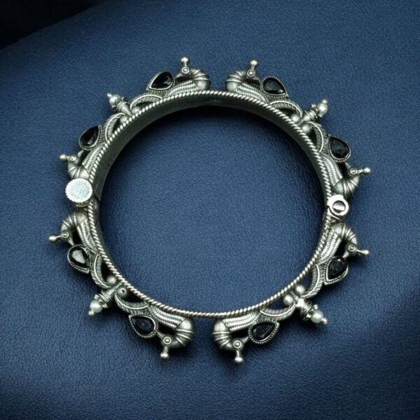 Oxidized Silver Replica Peacock Design Bangle | Stone & Pearl Work Beautiful Openable Kada - "Black"