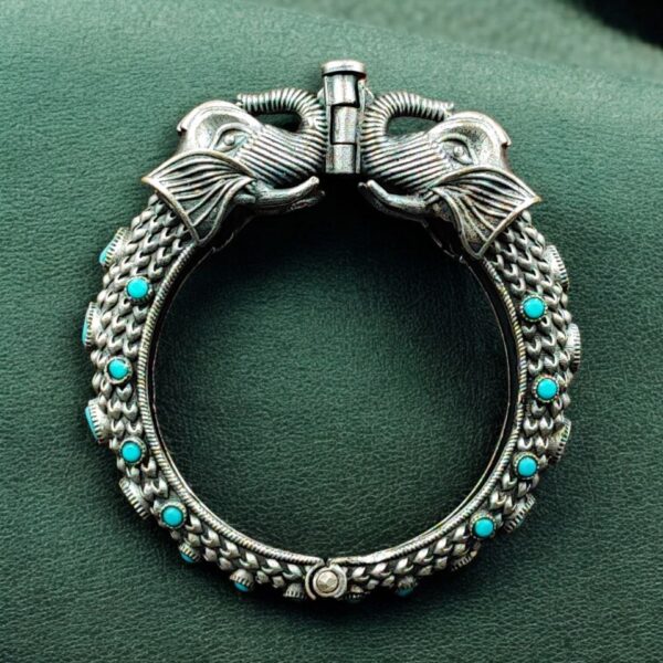 Ethnic Elephant Kada | Adjustable Silver Replica Openable Stone Work Bangle Perfect Gift For Girls - "Aqua"