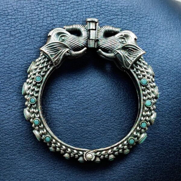 Ethnic Elephant Kada | Adjustable Silver Replica Openable Stone Work Bangle Perfect Gift For Girls - "Mint"
