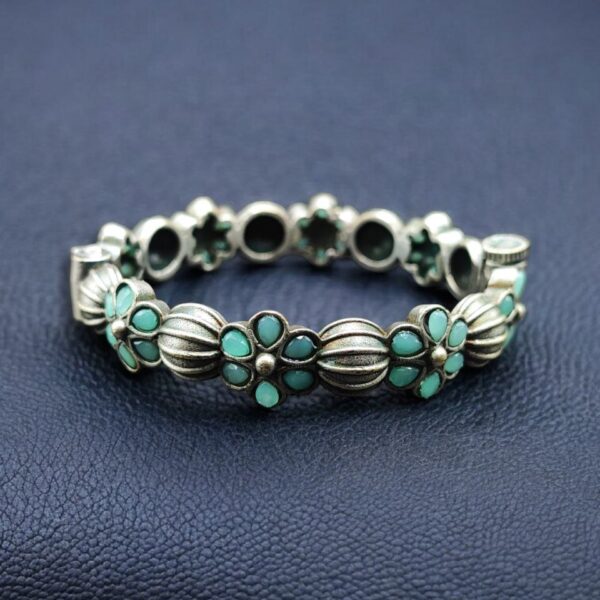 Traditional Openable Flower Design Bangle | Stone Work Silver Replica Best Oxidized Jewelry - "Mint"