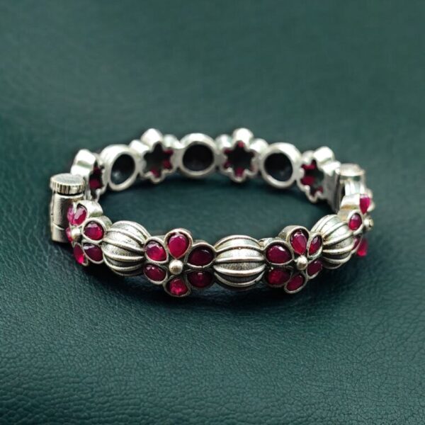 Traditional Openable Flower Design Bangle | Stone Work Silver Replica Best Oxidized Jewelry - "Red"