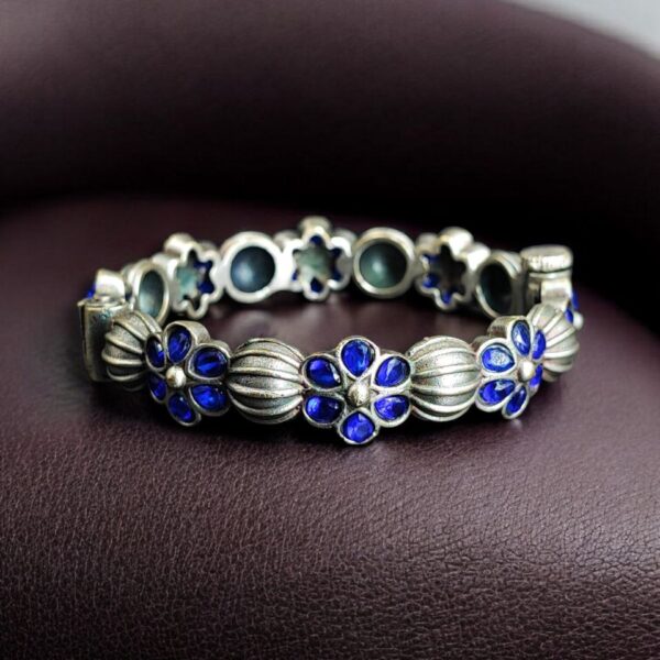 Traditional Openable Flower Design Bangle | Stone Work Silver Replica Best Oxidized Jewelry - "Blue"