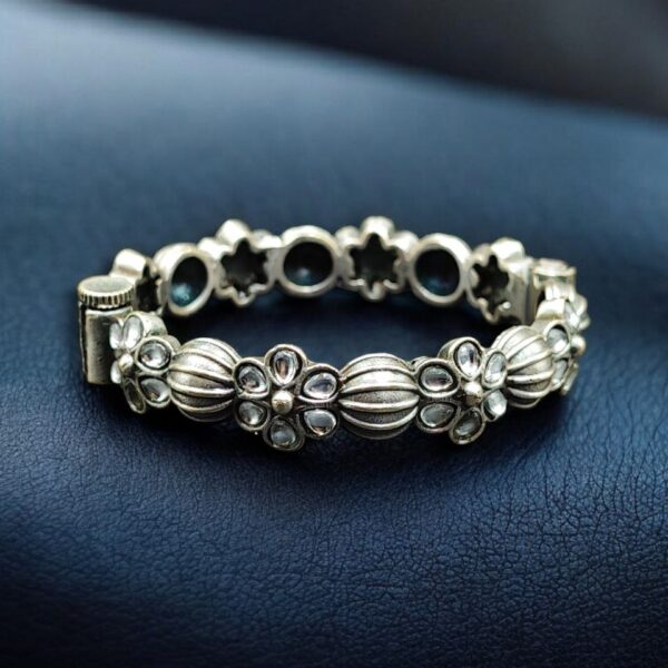 Traditional Openable Flower Design Bangle | Stone Work Silver Replica Best Oxidized Jewelry - "White"