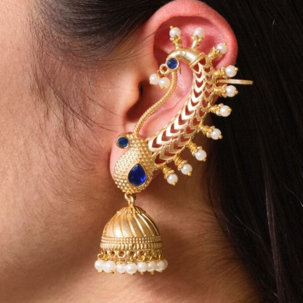 Beautiful Design Gold Plated Jhumki Earcuff | Elegant Stone & Pearl Detailing Jewelry For Girls - "Blue"
