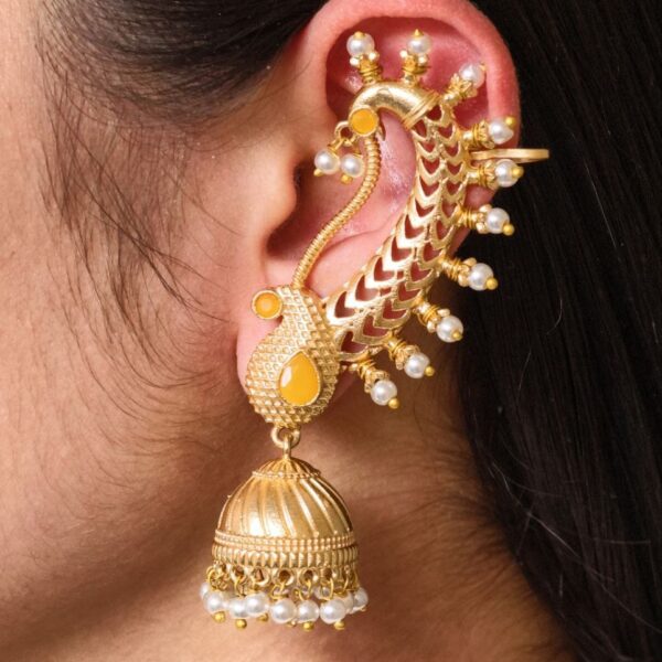 Beautiful Design Gold Plated Jhumki Earcuff | Elegant Stone & Pearl Detailing Jewelry For Girls - "Yellow"
