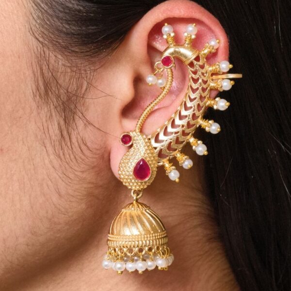 Beautiful Design Gold Plated Jhumki Earcuff | Elegant Stone & Pearl Detailing Jewelry For Girls - "Red"