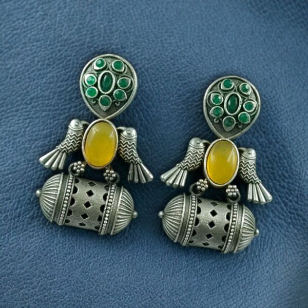 Handcrafted Antique Silver Bird Jhumkis | Best Traditional Dangler Earrings - "Yellow-Green"