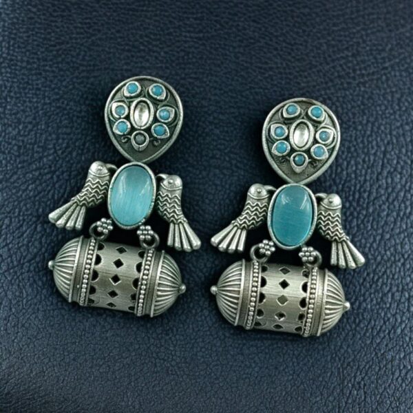 Handcrafted Antique Silver Bird Jhumkis | Best Traditional Dangler Earrings - "Aqua-White"