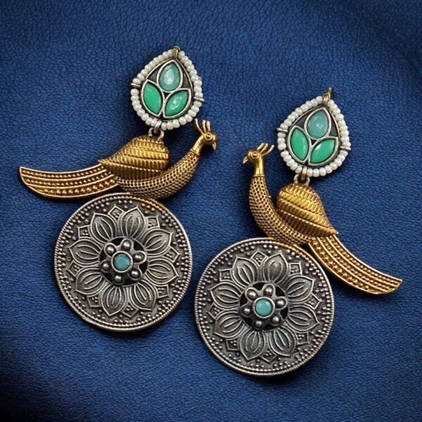 Beautiful Traditional Peacock Two-Tone Earrings | Elegant Dangler with Pearl & Stone Work Statement Jewelry - "Mint"