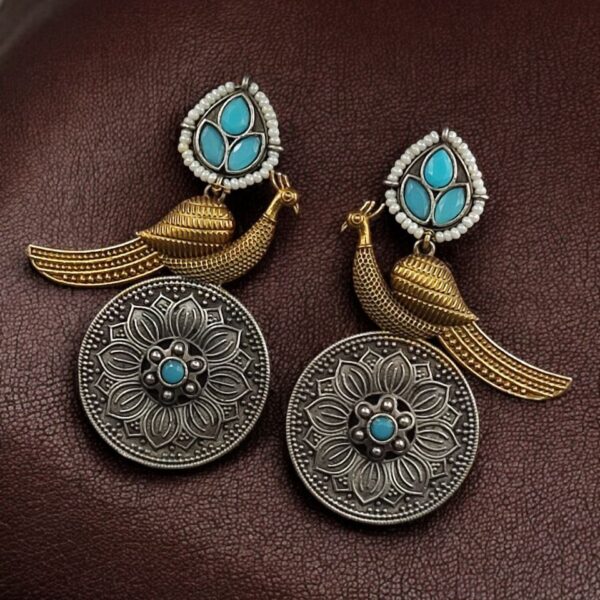 Beautiful Traditional Peacock Two-Tone Earrings | Elegant Dangler with Pearl & Stone Work Statement Jewelry - "Aqua"