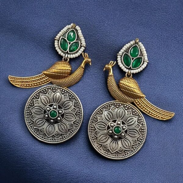 Beautiful Traditional Peacock Two-Tone Earrings | Elegant Dangler with Pearl & Stone Work Statement Jewelry - "Green"