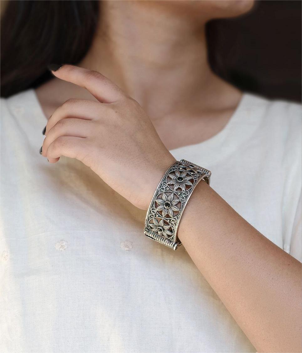 Traditional Oxidized Unique Flower Design Bangle | Silver Replica Ethnic Jewelry for Women