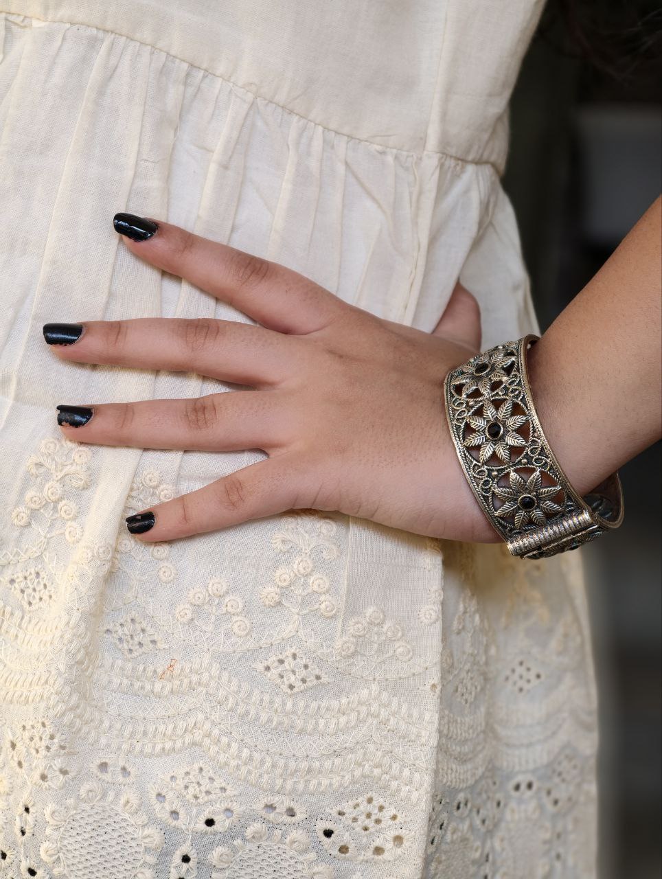 Traditional Oxidized Unique Flower Design Bangle | Silver Replica Ethnic Jewelry for Women - Image 7