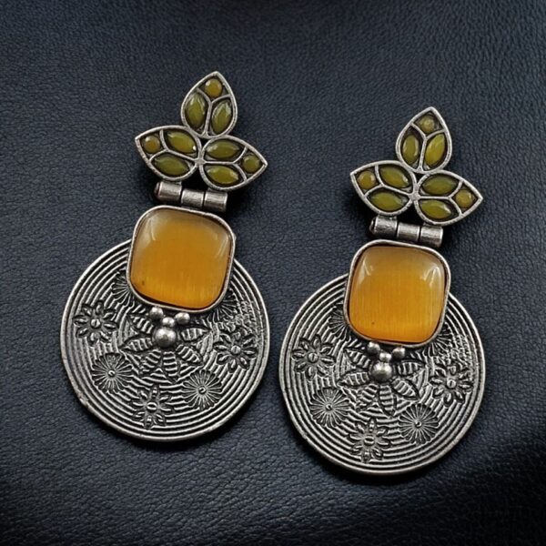 Unique Flower Design Dangler Earrings | Stone Work Silver Replica Oxidized Jewelry - "Yellow"