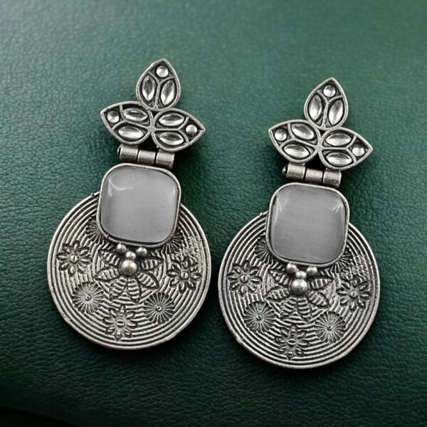 Unique Flower Design Dangler Earrings | Stone Work Silver Replica Oxidized Jewelry - "Grey"