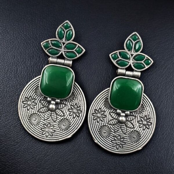 Unique Flower Design Dangler Earrings | Stone Work Silver Replica Oxidized Jewelry - "Green"