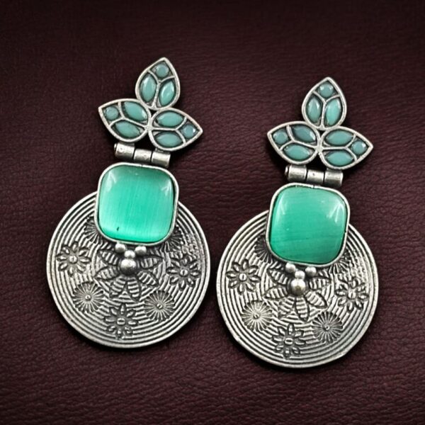 Unique Flower Design Dangler Earrings | Stone Work Silver Replica Oxidized Jewelry - "Mint"