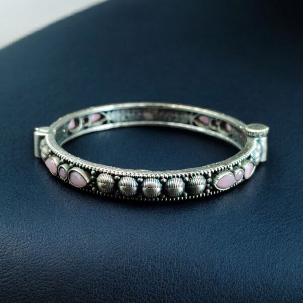 Elegant Stone Work Openable Bangle | Silver Replica Oxidized Amazing Jewelry - "Baby Pink"
