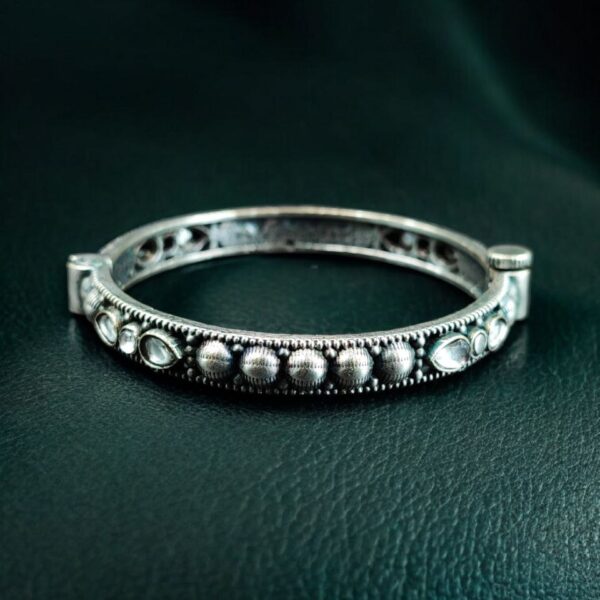 Elegant Stone Work Openable Bangle | Silver Replica Oxidized Amazing Jewelry - "White"