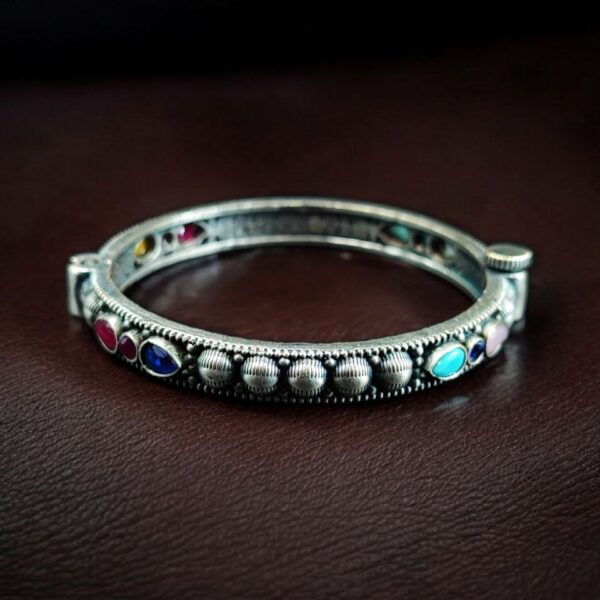 Elegant Stone Work Openable Bangle | Silver Replica Oxidized Amazing Jewelry - "Multi"