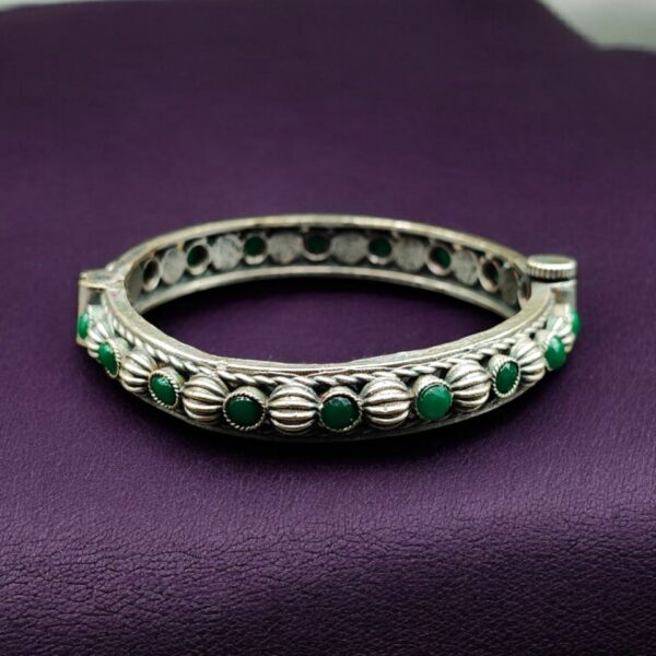 Antique Finish Silver Replica Openable Bangle | Beautiful Design with Stone Work Jewelry - "Green"
