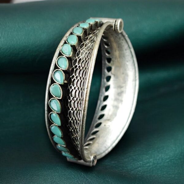 Handcrafted Unique Design Oxidized Openable Bangle | Stone Work Silver Replica Jewelry - "Mint"