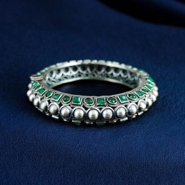 Oxidized Stone Work Silver Replica Openable Bangle | Traditional Beautiful Jewelry - "Green"
