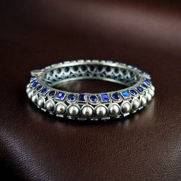 Oxidized Stone Work Silver Replica Openable Bangle | Traditional Beautiful Jewelry - "Blue"