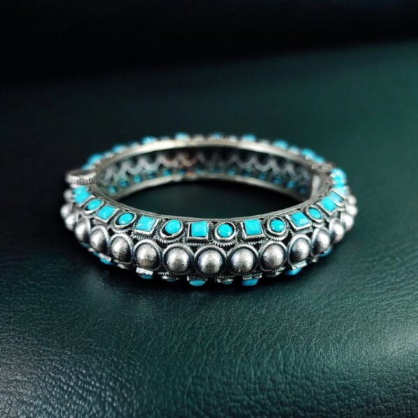 Oxidized Stone Work Silver Replica Openable Bangle | Traditional Beautiful Jewelry - "Aqua"