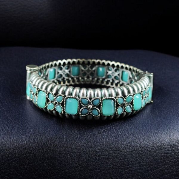 Handcrafted Vintage Look Flower Design Kada | Stone Work Openable Bangle Gift For Her - "Mint"