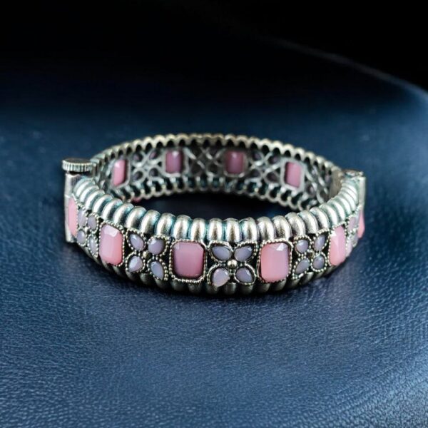 Handcrafted Vintage Look Flower Design Kada | Stone Work Openable Bangle Gift For Her - "Baby Pink"