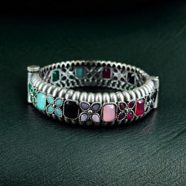 Handcrafted Vintage Look Flower Design Kada | Stone Work Openable Bangle Gift For Her - "Multi"