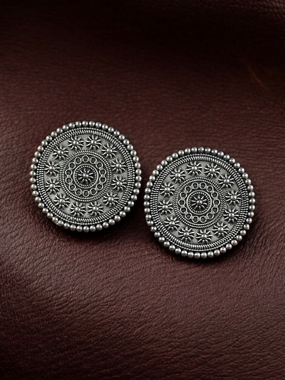 Round Shape Oxidized Stud Earrings | Silver Replica Traditional Amazing Jewelry For Girls - Image 2