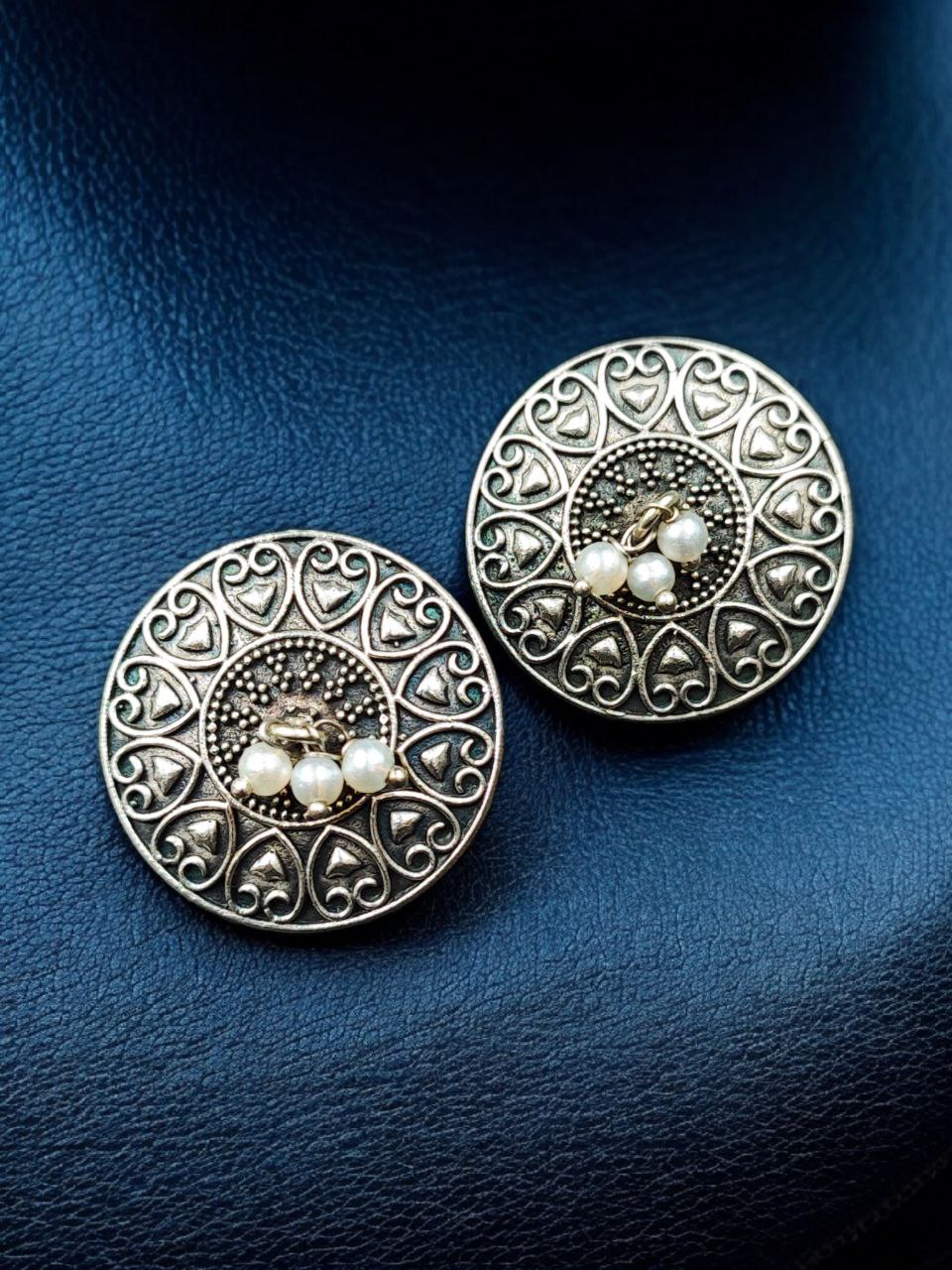 Stylish Heart Design Earrings | Oxidized Silver Replica Pearl Detailing Beautiful Earring - Image 2