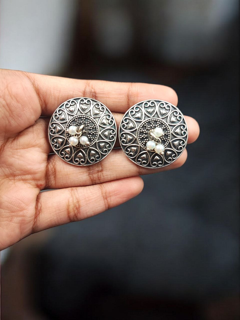 Stylish Heart Design Earrings | Oxidized Silver Replica Pearl Detailing Beautiful Earring - Image 4