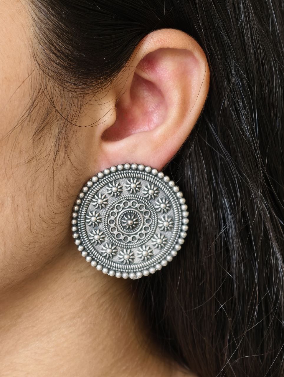 Round Shape Oxidized Stud Earrings | Silver Replica Traditional Amazing Jewelry For Girls