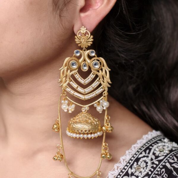 Premium Peacock Design Kashmiri Jhumka Earrings | Gold Plated Traditional Wear Beautiful Dangler Jewelry - "White"