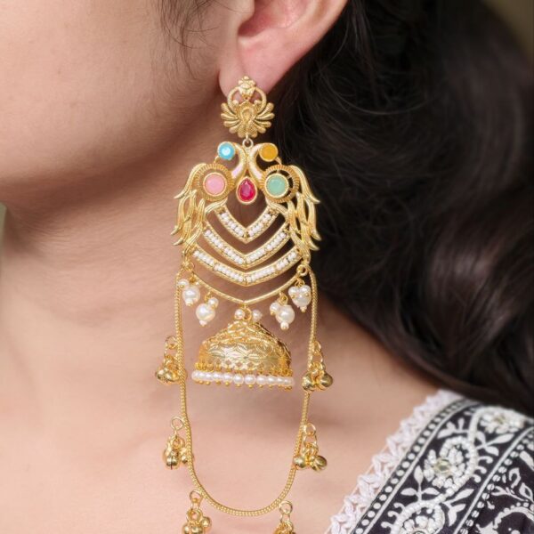 Premium Peacock Design Kashmiri Jhumka Earrings | Gold Plated Traditional Wear Beautiful Dangler Jewelry - "Multi"