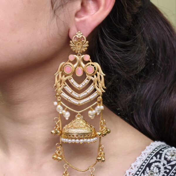Premium Peacock Design Kashmiri Jhumka Earrings | Gold Plated Traditional Wear Beautiful Dangler Jewelry - "Baby Pink"