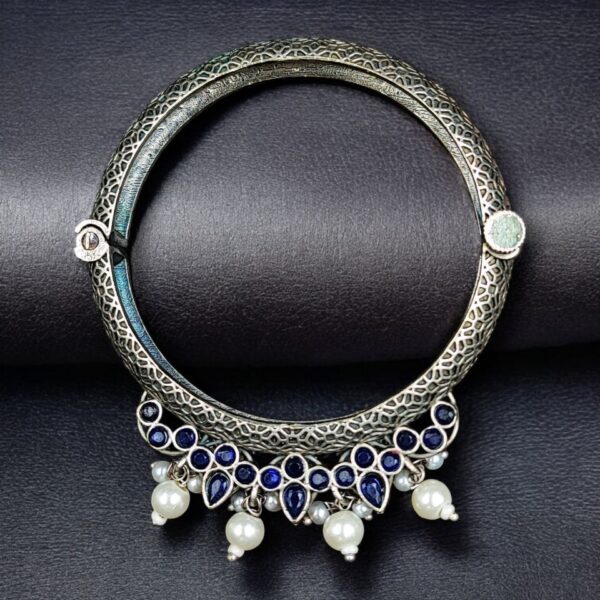Traditional Silver Look alike Openable Bangle | Stone Pearl & Work Beautiful Kada - "Blue"