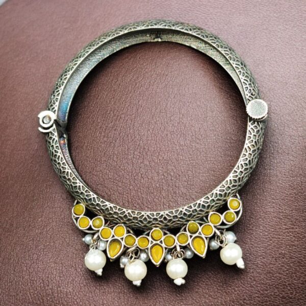 Traditional Silver Look alike Openable Bangle | Stone Pearl & Work Beautiful Kada - "Yellow"