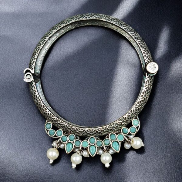 Traditional Silver Look alike Openable Bangle | Stone Pearl & Work Beautiful Kada - "Mint"
